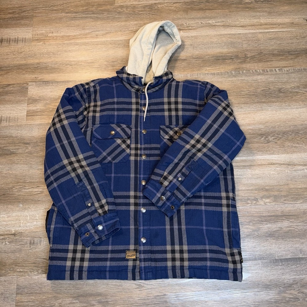 Brazos Hooded Flannel Shirt Jacket Mens L Blue Gray Black Plaid Workwear